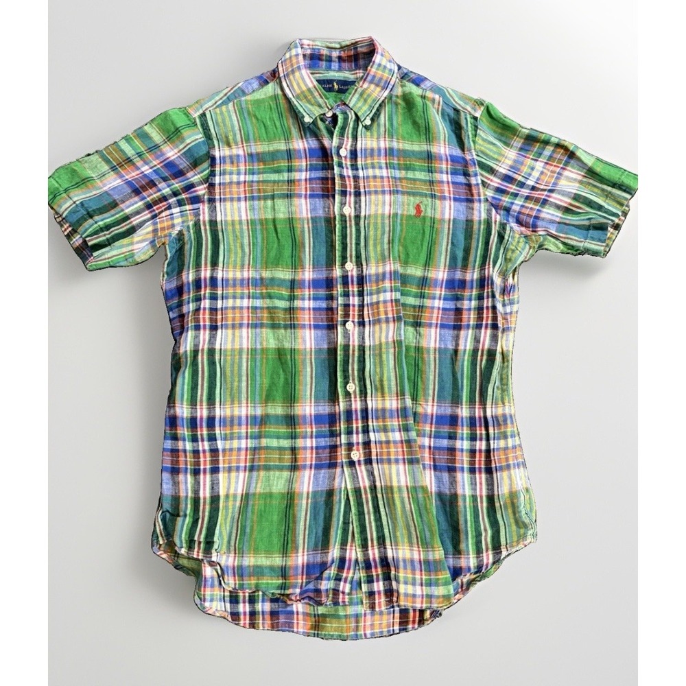 Polo Ralph Lauren Shirt short-sleeve green plaid linen button-down Mens L
